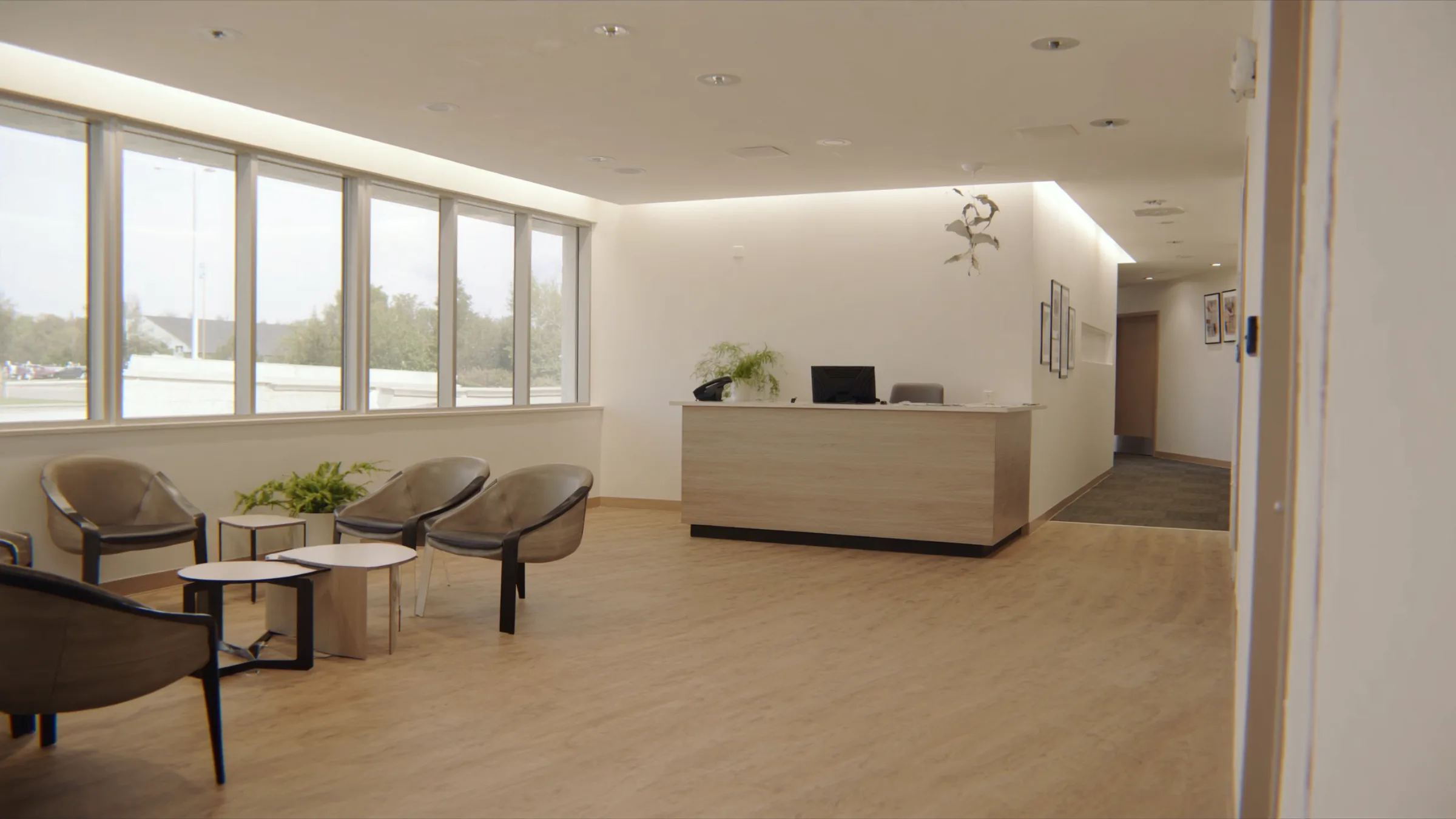 Medical clinic marketing, medical clinic, warm waiting room in pale wood tones