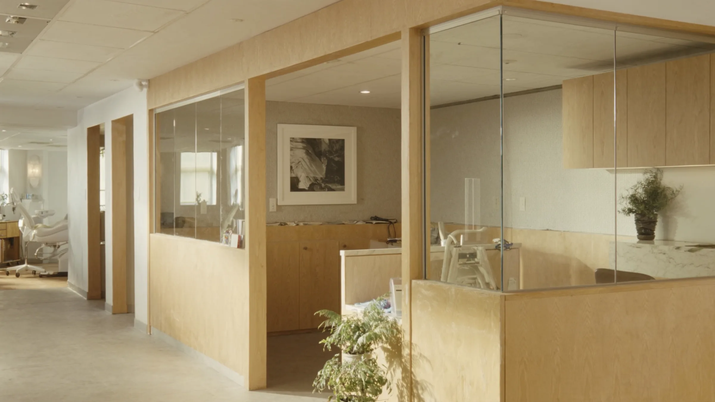Dental marketing, dental clinic, bright reception with pale oak millwork and glass partitions