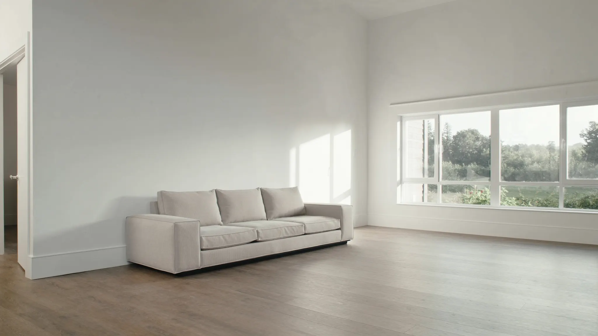 Real estate marketing, bright living room of a staged home for sale, wood floor and a large window