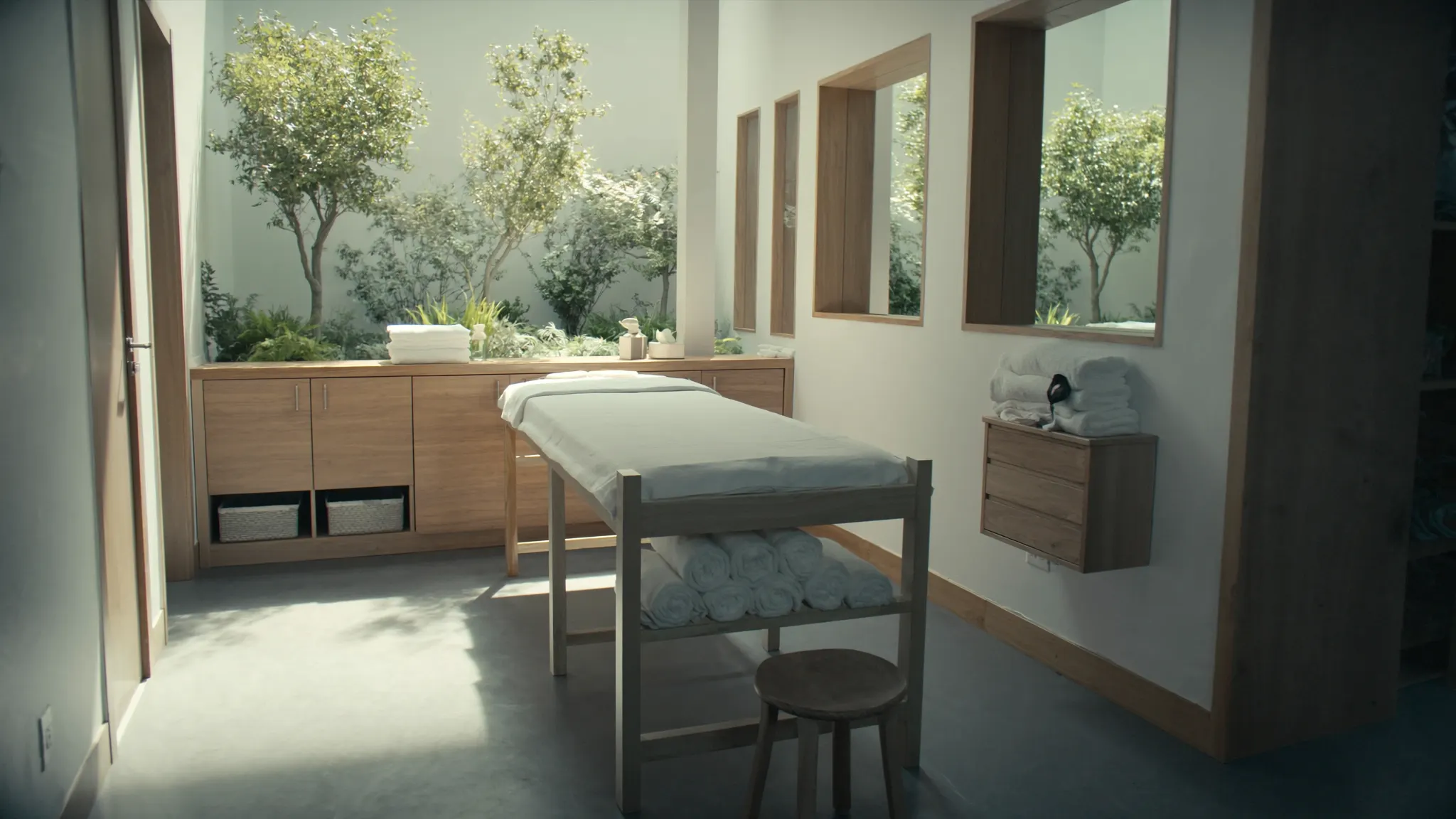 Spa marketing, spa treatment room, treatment table and folded white towels