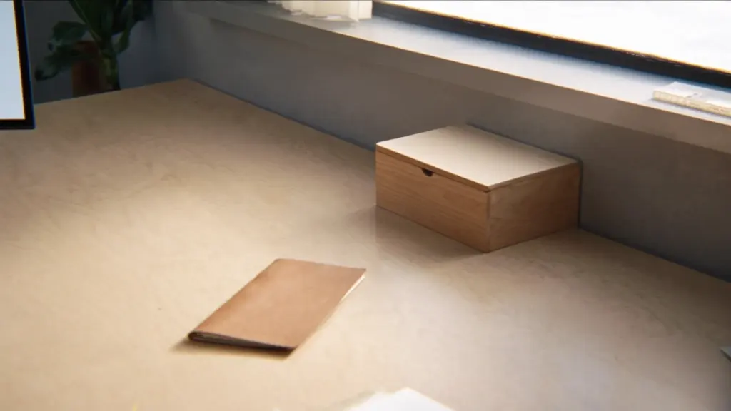desk with a closed wooden card-index box