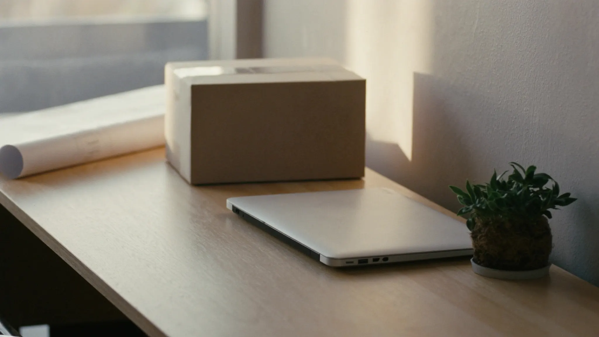 Ecommerce marketing, desk with a cardboard shipping box and kraft paper