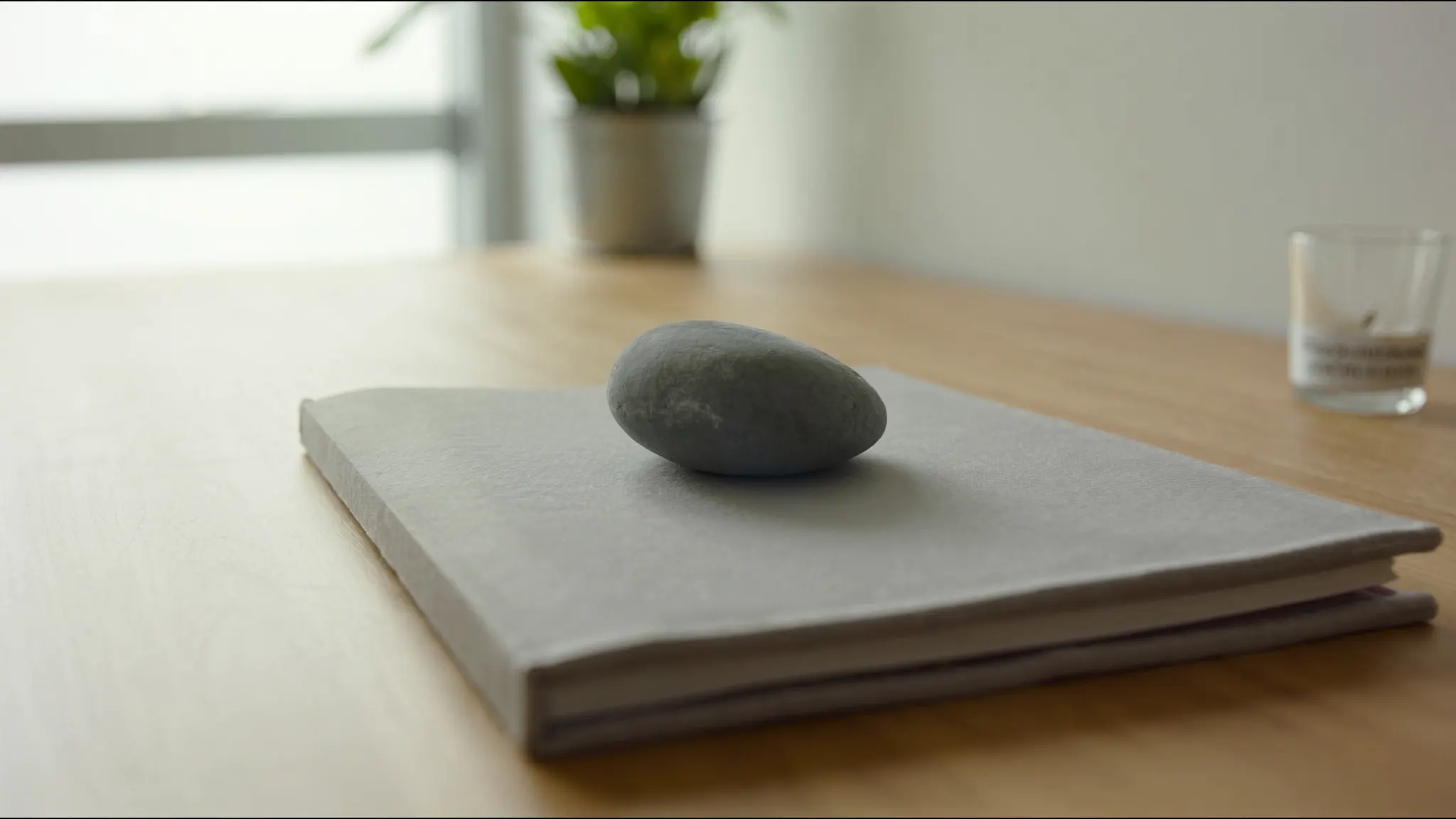 Google Business Profile optimization, desk with a smooth stone and a closed notebook