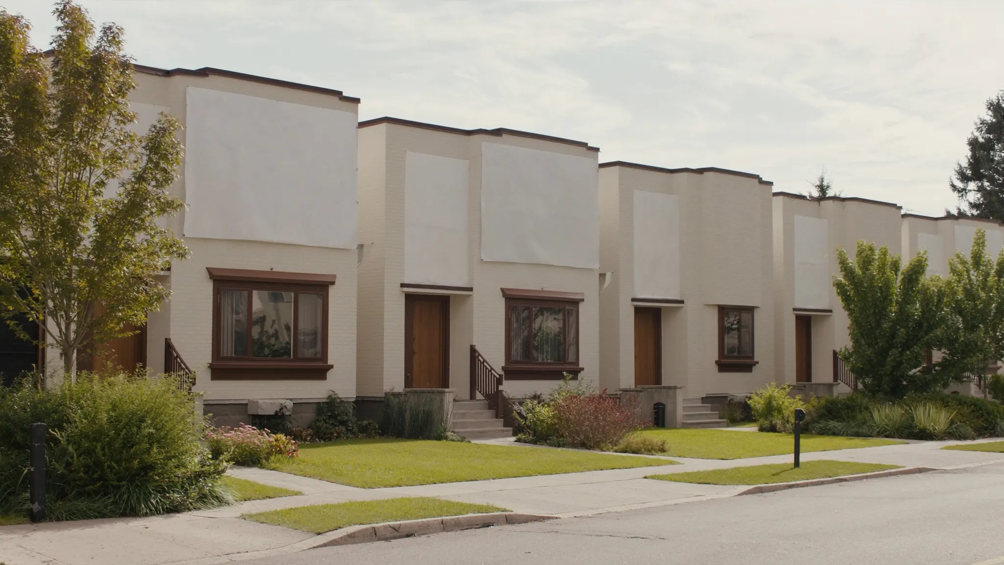 Rive-Sud, agence marketing, rue résidentielle avec maisons de ville en brique pâle
