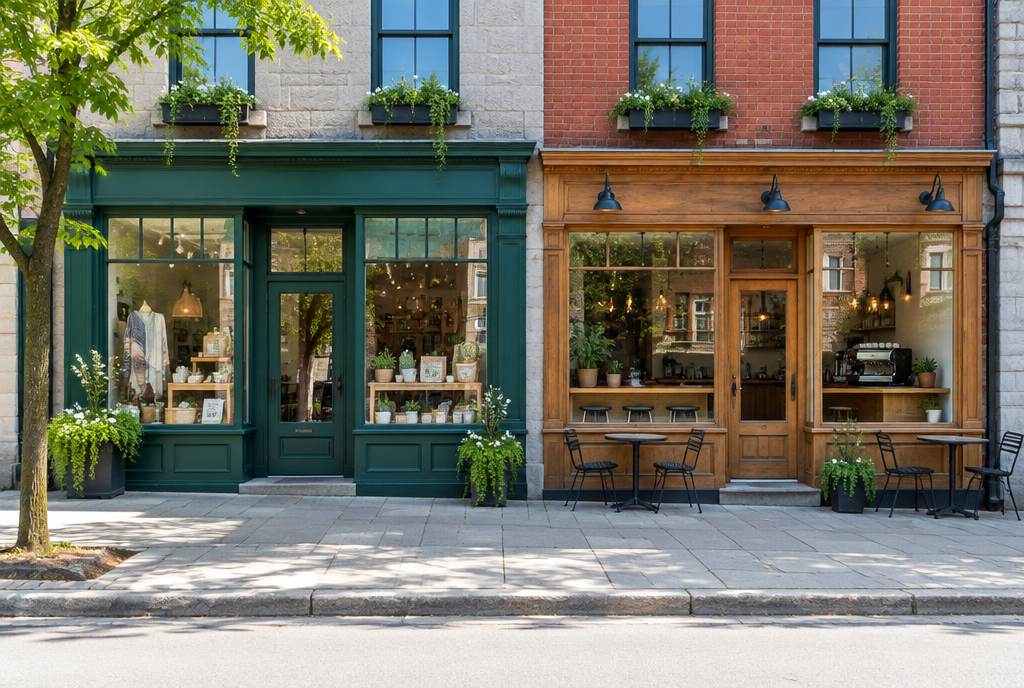 Miser sur le nom d'un concurrent dans Google, deux vitrines voisines sur une rue commerciale québécoise