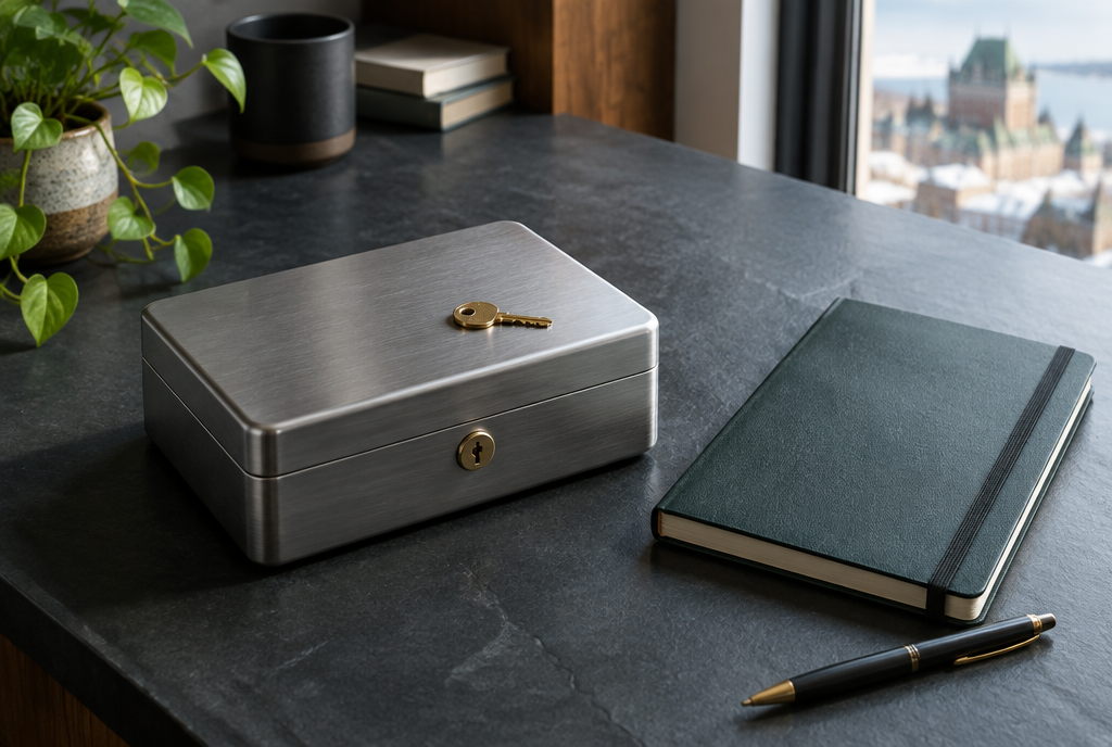 Web Hosting in Canada, a locked steel box with a brass key