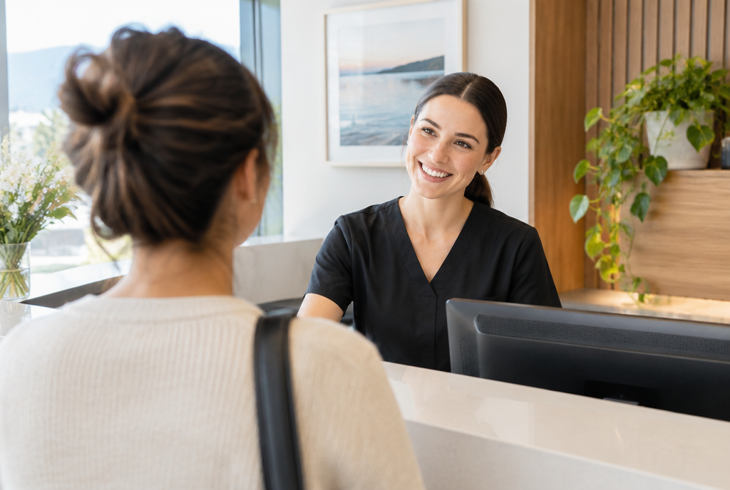 A Clinic Homepage, greeting a patient at a clinic desk, over the shoulder