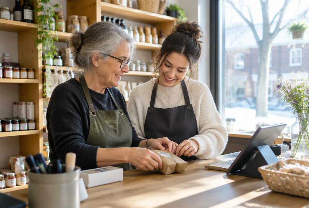 Accessibilité web au Québec, un commerçant âgé et une jeune adjointe ensemble