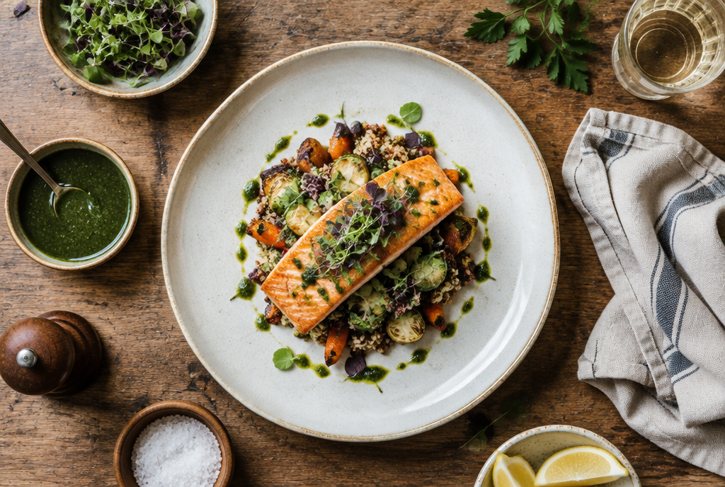 Food Photos on a Restaurant Website That Load Fast, an overhead flat-lay of a plated gourmet dish