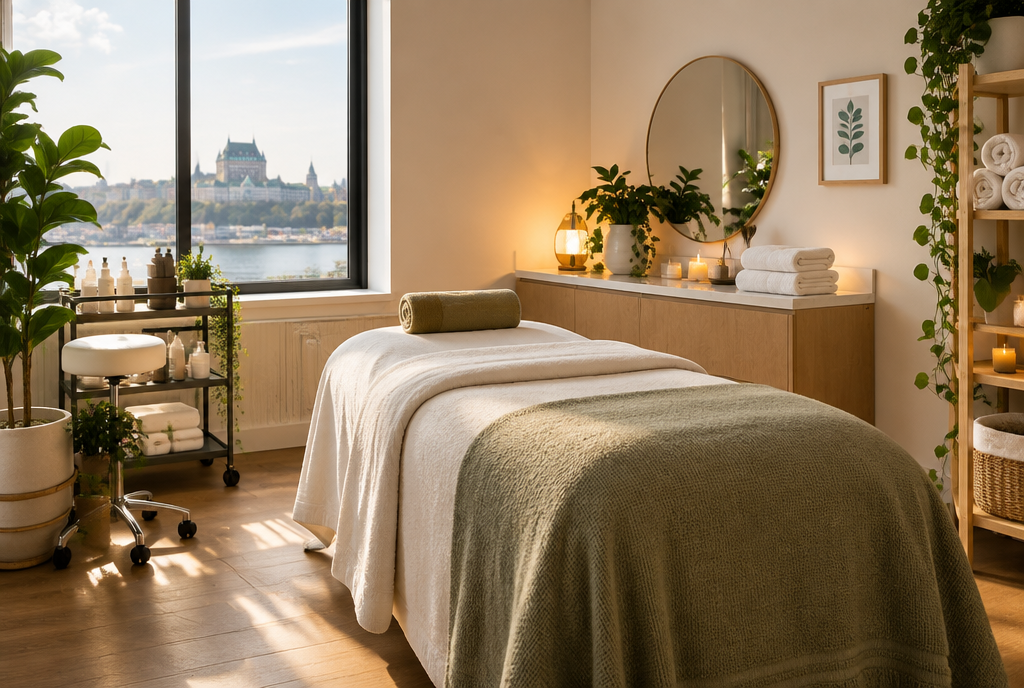 Prise de rendez-vous en ligne pour esthéticiennes, une salle de soins esthétiques sereine et vide