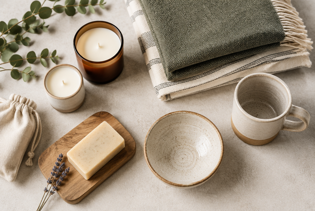 French Product Pages on Shopify or WooCommerce, a styled product flat-lay of boutique goods
