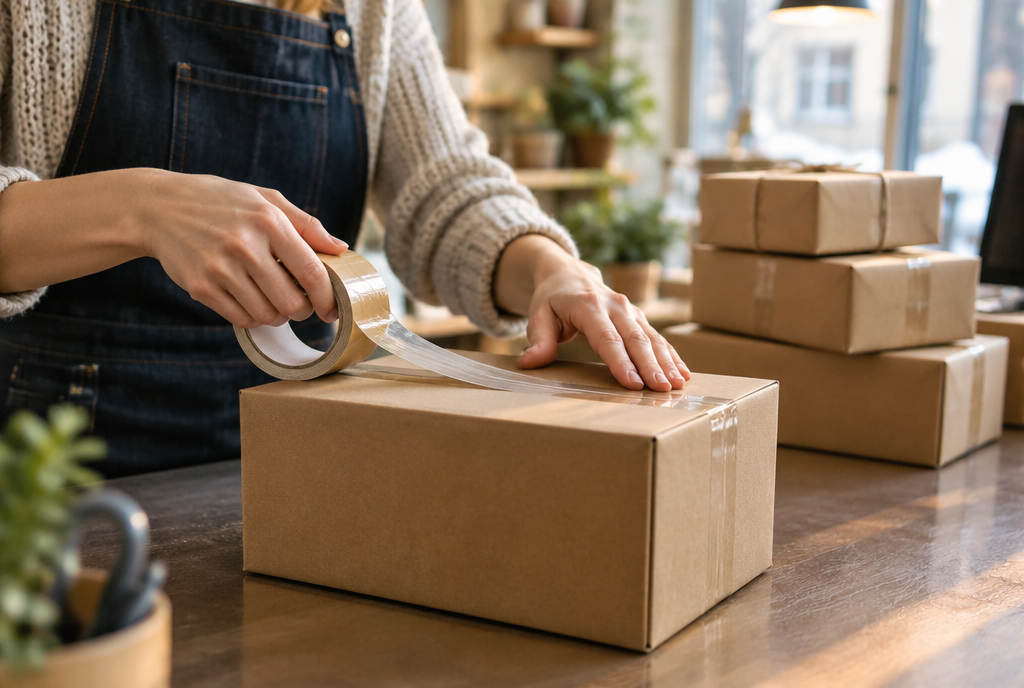 Livraison gratuite, des mains scellent une boîte d'expédition