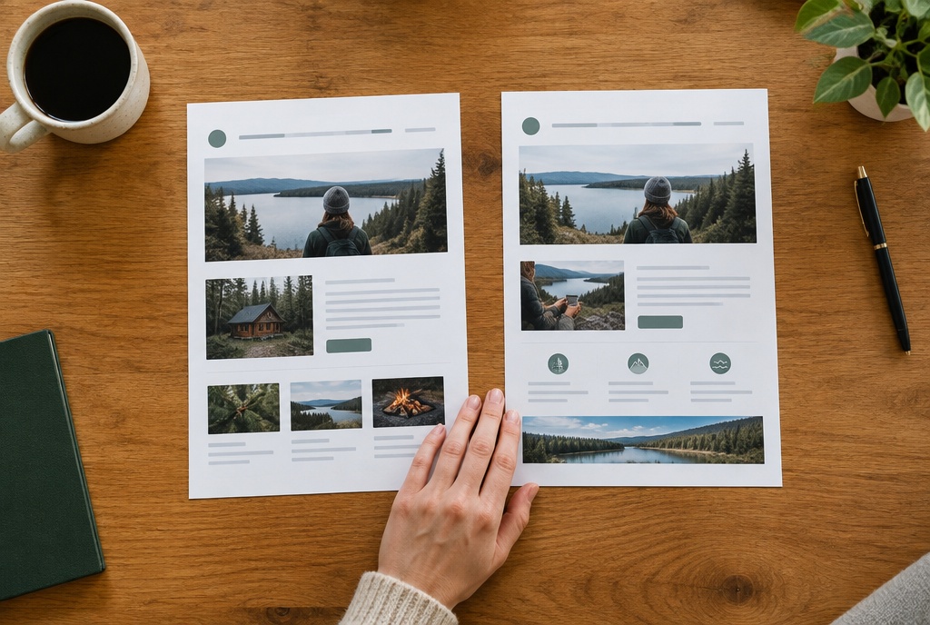 A/B Testing on a Small Site, an overhead flat-lay comparing two page mockups