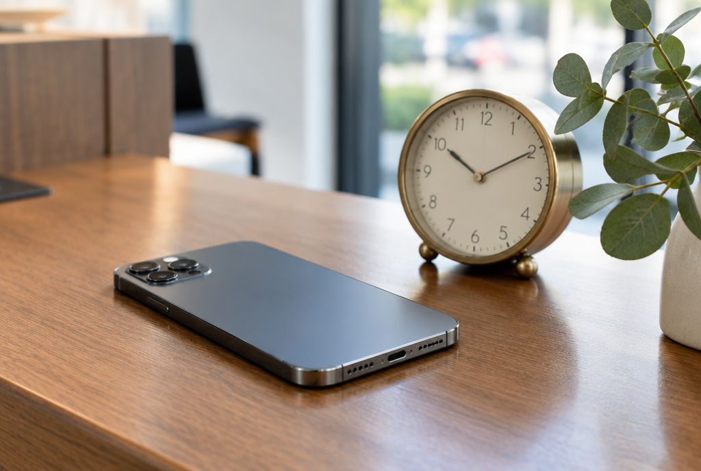 Rappels de rendez-vous par texto, un téléphone et une petite horloge sur un comptoir d'accueil
