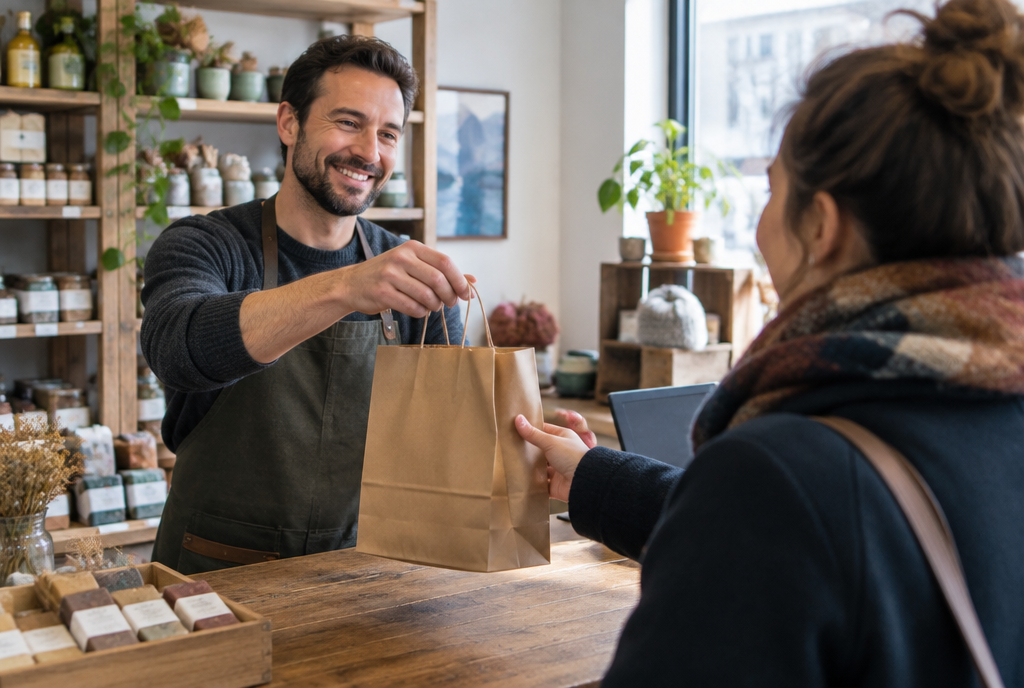 Automated Review Requests After a Service, a shop owner handing a bag to a customer