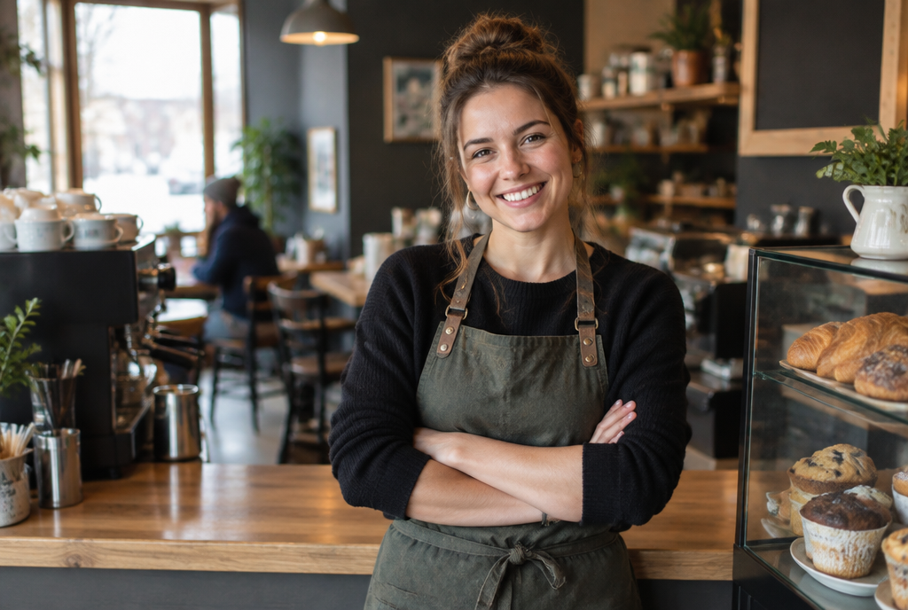Replying to Positive Reviews, a portrait of a smiling cafe owner at her counter